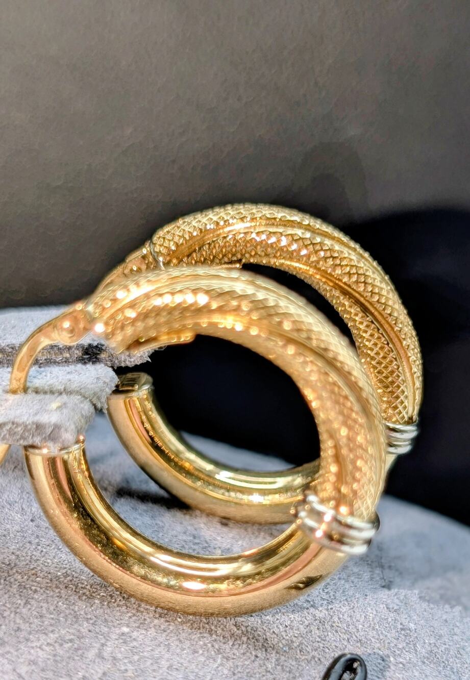 18K Italian Yellow Gold (White Gold Bands) Textured Polished Hoop Earrings